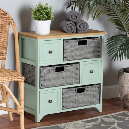 Baxton Studio Valtina   Oak Brown and Mint Green Finished Wood  Storage Unit with Baskets 222-12301-ZORO